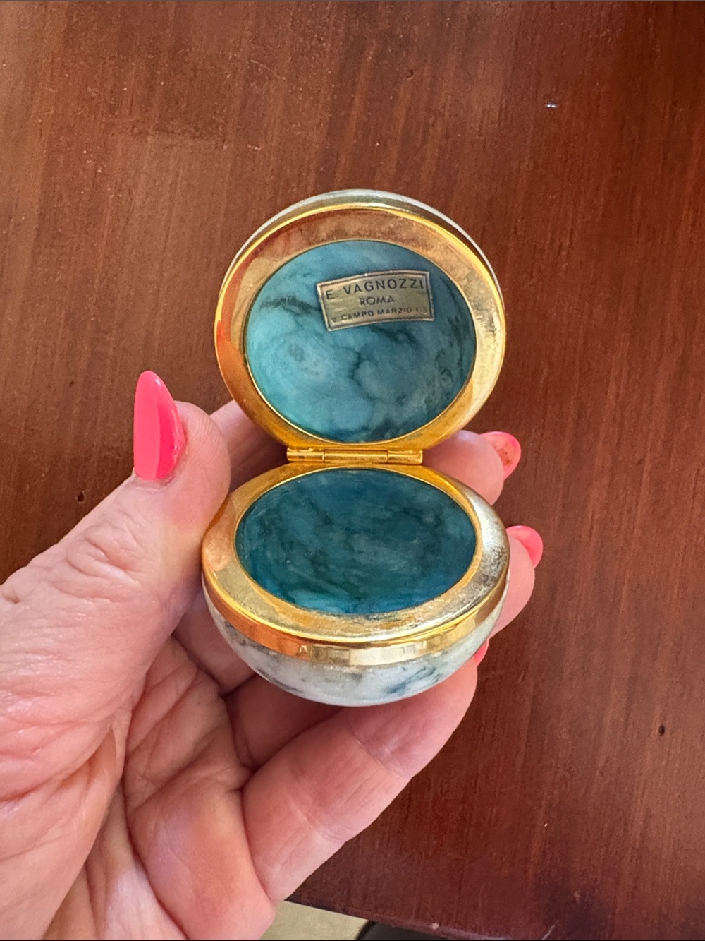 E. Vagnozzi Roma Marble-Effect Round Trinket Box - Teal Interior, Gold Trim